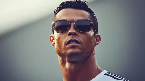 Confident athlete in sunglasses under soft studio lighting.