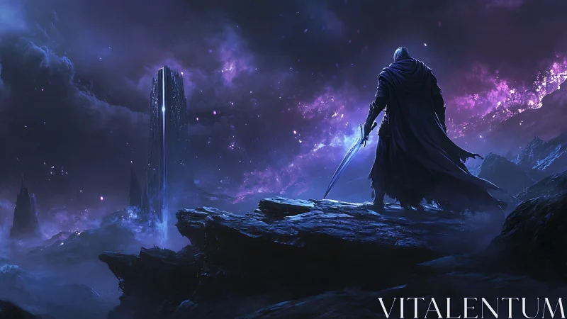 Lone starlit wanderer facing a mysterious cosmic monolith.