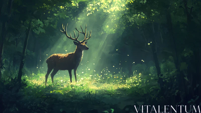 Deer with Branching Antlers Standing in Sunlit Forest Clearing