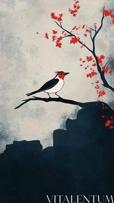 Contrasting songbird perches below sparse red foliage