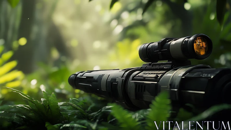 Futuristic jungle rifle resting quietly in lush green cover.