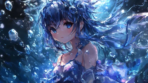 Tidal dreamer adrift in sapphire bubbles and moonlit water.