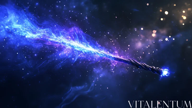 Energy-infused magic wand projects intense blue cosmic beam