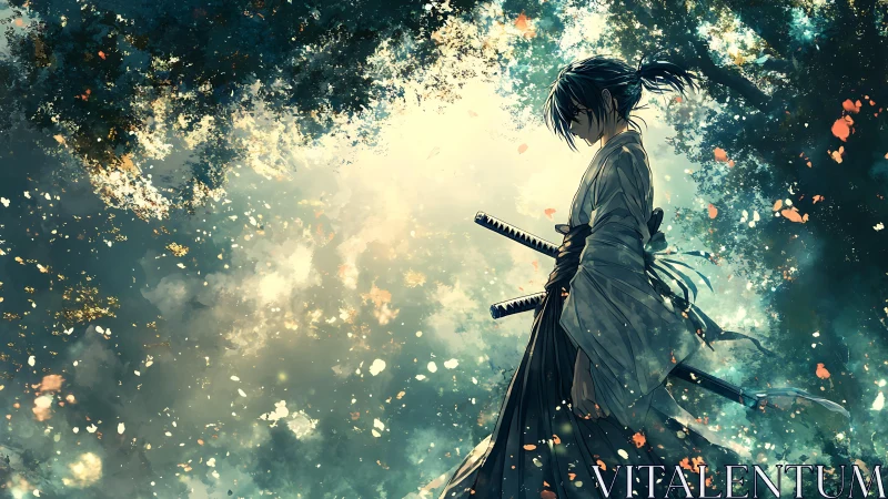 Quiet samurai wanderer bathed in soft forest light.