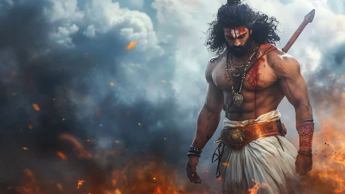 Battle-scarred warrior in dynamic smoke, fire and high-contrast lighting