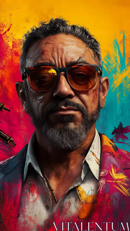 Middle aged man in sunglasses against vivid abstract backdrop.