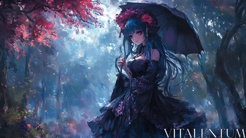 Gothic anime girl with umbrella in misty forest scene.