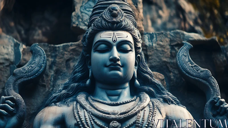 Stone Shiva statue with serene expression and trident detail.
