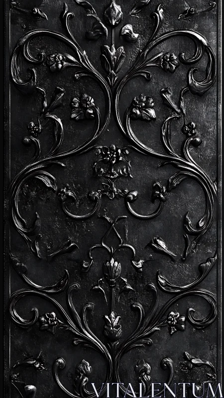 Ornate black metal panel shows raised floral scrollwork