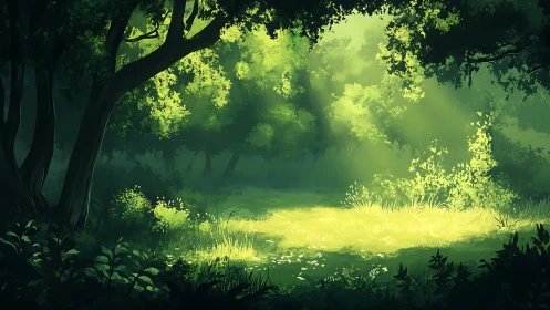 Sunlit Forest Glade: Nature's Glowing Haven.
