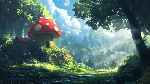 Mushroom cottage anchors misty forest valley sunrise