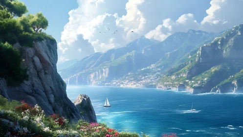 Sunlit Mediterranean cliffs frame a tranquil azure sailing bay