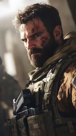 Battle-hardened soldier portrait in tactical combat gear.