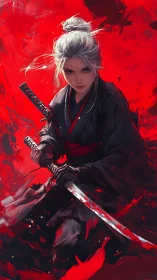 Silver‑haired samurai readies bloodstained blade in crimson storm