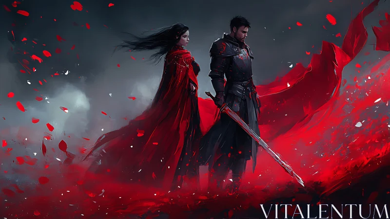 Crimson oathkeepers amid stormborn petals of war.