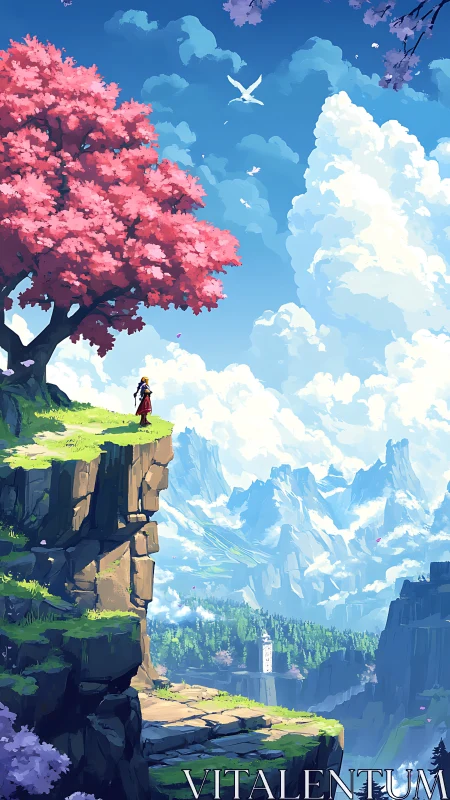 Person stands on cliff edge under pink tree above mountains