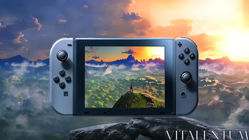 Nintendo Switch Gaming Console Displays Fantasy Mountain Landscape