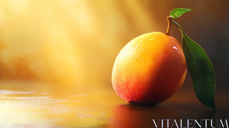 Ripe mango with leaf in warm directional sunlight.