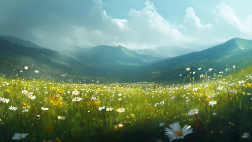 Sunlit wildflower meadow rolls toward tranquil blue mountains