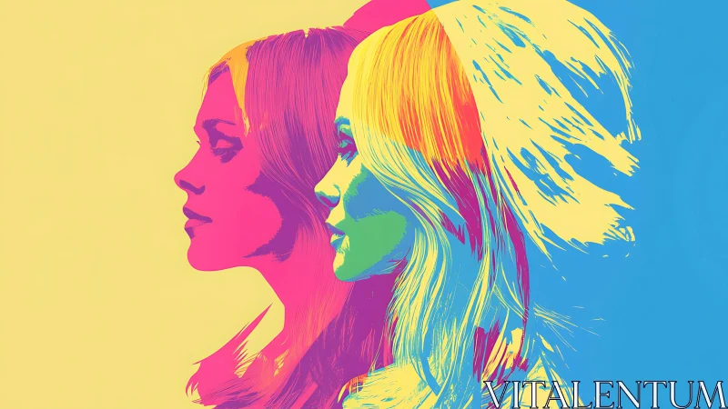Two female side profiles overlap in bold duotone colors