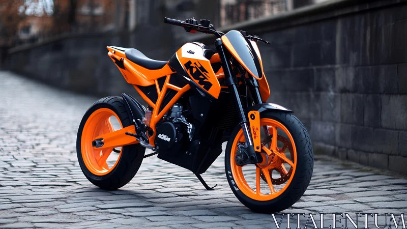 Orange streetfighter motorcycle on wet cobblestone alley at dusk