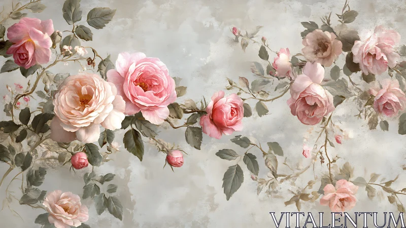 Pink roses with green foliage painted against textured cream background