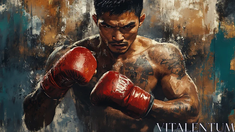 Intense Boxer in Red Gloves Delivers Powerful Stance.