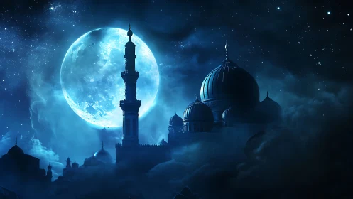 Moonlit mosque skyline rests beneath a glowing night sky