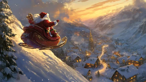 Santa sleigh glides above glowing winter village at dusk.