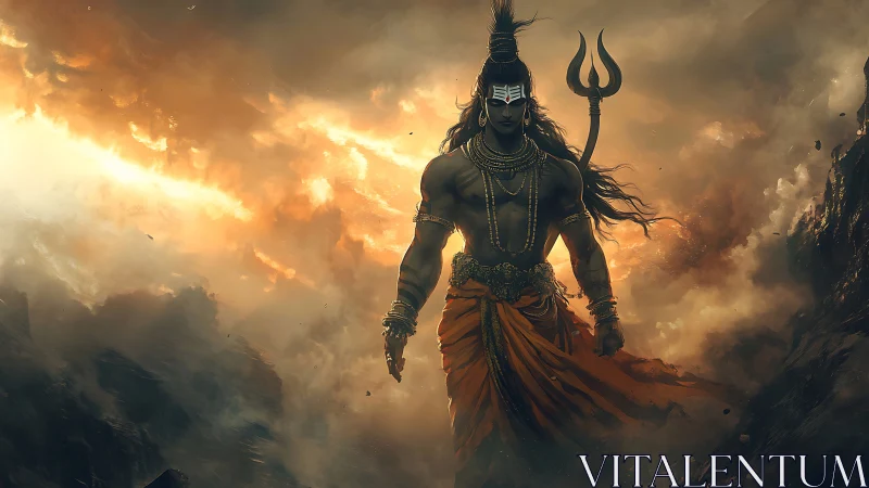 Mythic warrior deity strides through turbulent, high-contrast storm