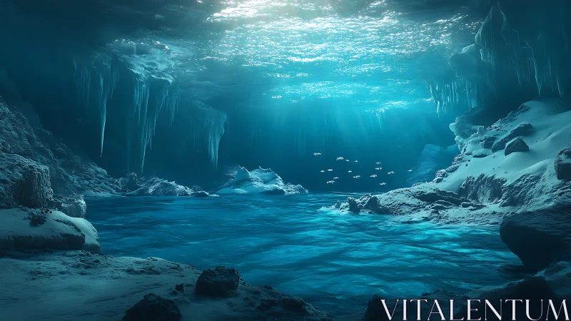 Gentle blue glow inside a hidden underwater ice cavern.