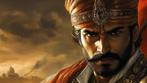 Warrior prince stares intensely under stormlit imperial sky