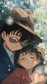 Two youths resting under dappled light in anime style.