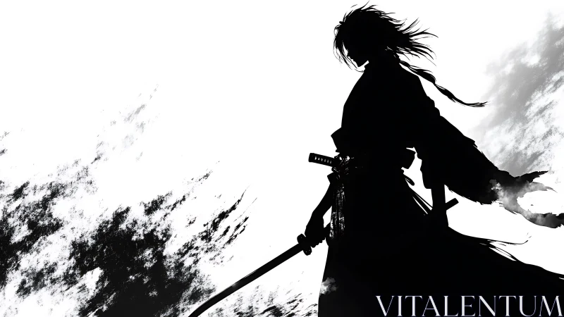 Silhouette samurai warrior with katana amid ink storm.