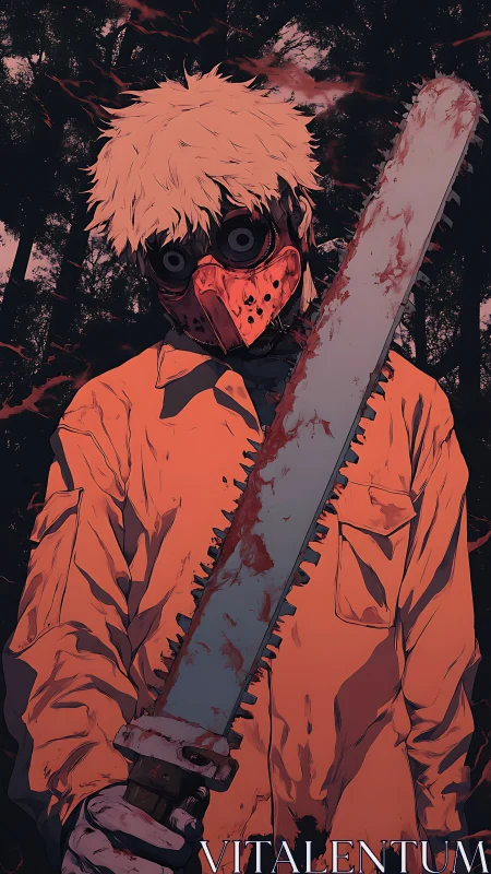 Masked killer grips bloodstained chainsaw in dark forest