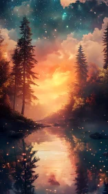 Vertical landscape shows luminous forest river under stars