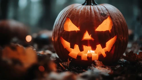 Grinning jack o lantern glows through damp autumn dusk.