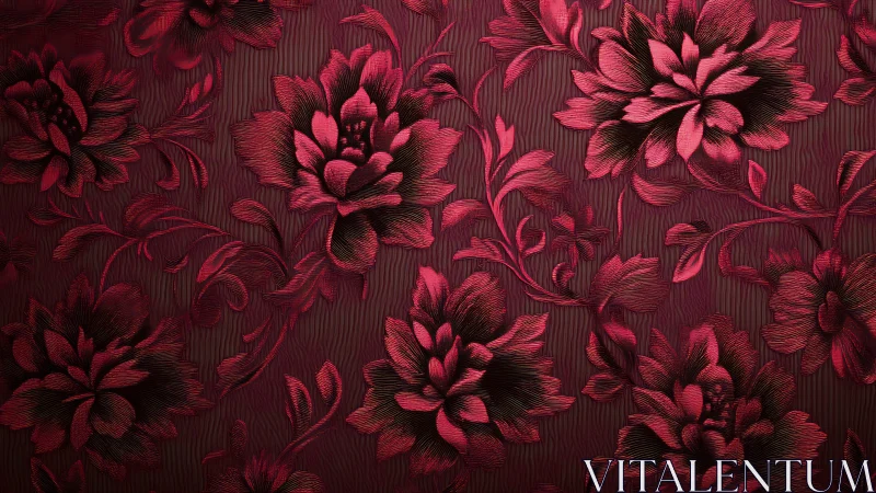 Deep Crimson Floral Damask Pattern with Dimensional Petal Relief