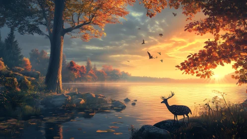Autumn lake sunrise with silhouetted deer and flying birds.