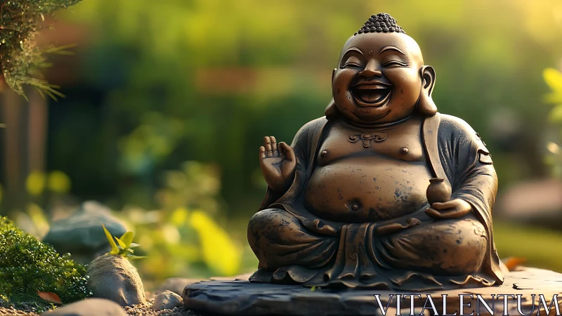 Laughing Buddha bronze statue in warm garden light.