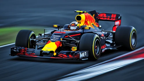 Formula race car on track in motion, side perspective.