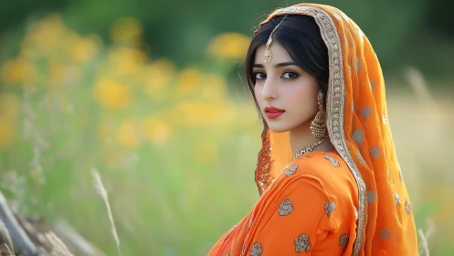 Woman in orange dupatta stands in sharp focus outdoors