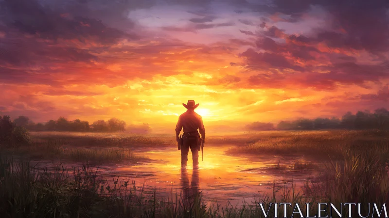 Lone cowboy silhouetted in reflective marsh at blazing sunset