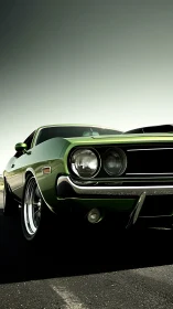 Green muscle car stands poised on sunlit open highway