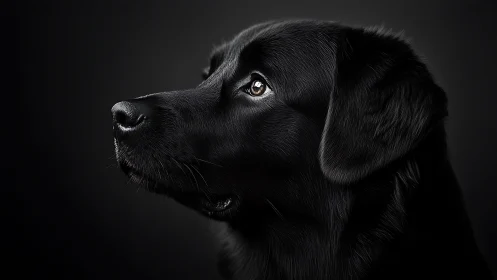 Black Labrador side profile portrait on dark background.