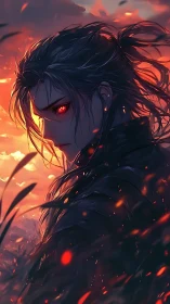 Fiery-eyed warrior stands against a burning ember sunset sky