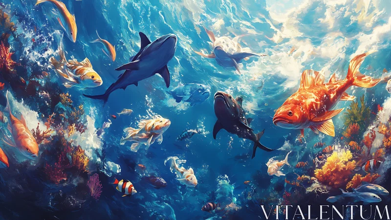 Colorful reef fish and sharks swim through sunlit ocean water