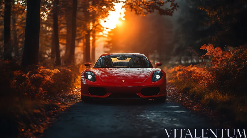 Red sports car on forest road at warm sunset light.