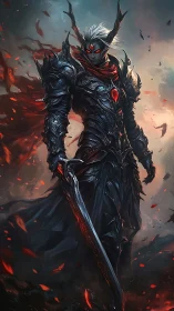 Dark horned knight in ornate armor with burning sword.