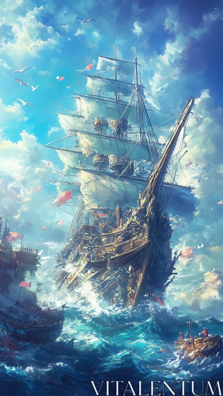 Large multi-masted sailing ship in rough open sea conditions.